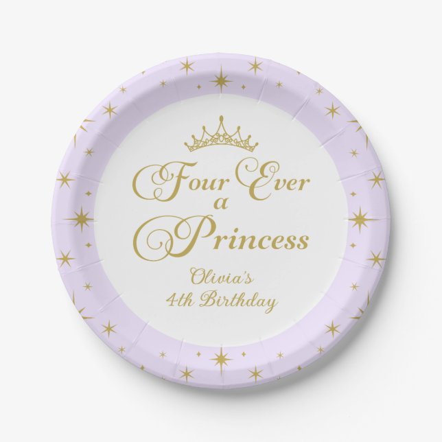 Four Ever a Princess Gold Princess 4th Birthday Paper Plate (Front)