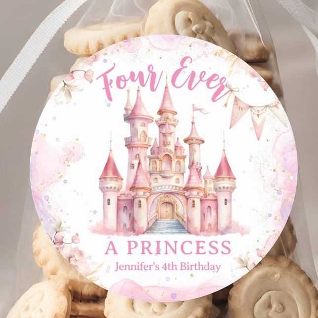 Four Ever A Princess Pink Castle Girl 4th Birthday Classic Round Sticker (Creator Uploaded)