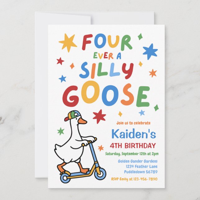 Four Ever A Silly Goose Boy 4th Birthday Party  Invitation (Front)