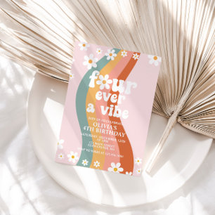 Four Ever a Vibe daisy rainbow 4th birthday Invitation