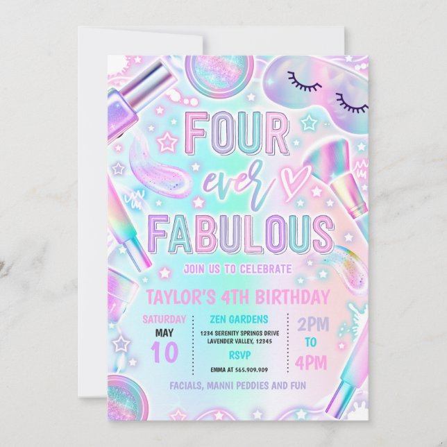 Four Ever Fabulous Pastel Spa Makeup 4th Birthday Invitation (Front)