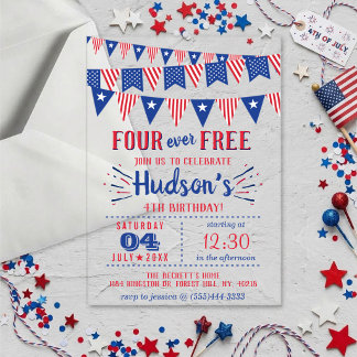 Four Ever Free! 4th Of July 4th Birthday Party Acrylic Invitations