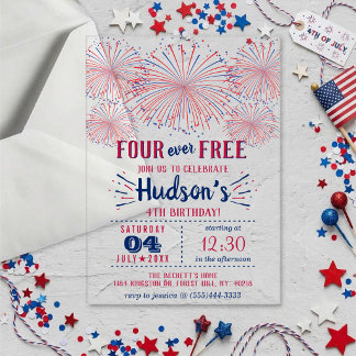 Four Ever Free! 4th Of July 4th Birthday Party Acrylic Invitations
