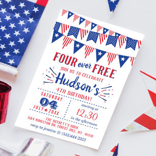 Four Ever Free! 4th Of July 4th Birthday Party Invitation
