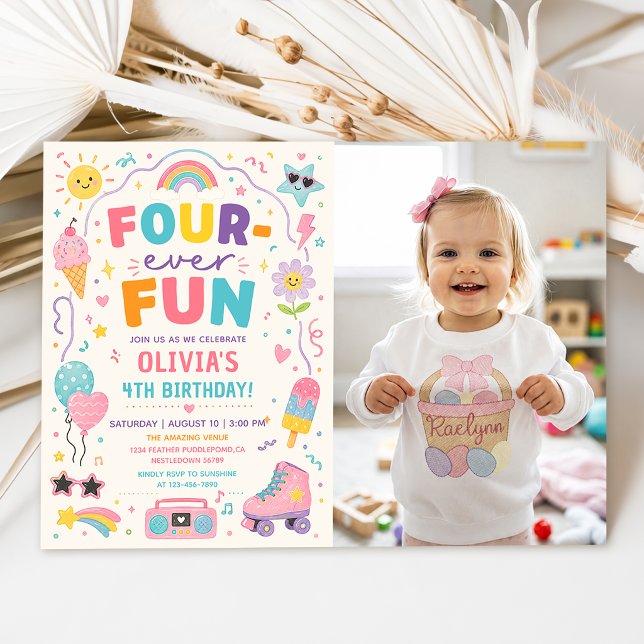 Four-Ever Fun Colourful Birthday Photo Invitation (Creator Uploaded)