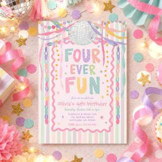 Four Ever Fun Whimsical Girl 4th Birthday Party Invitation