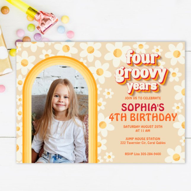 Four Ever Groovy 4th Birthday Invitation | Retro D (Creator Uploaded)