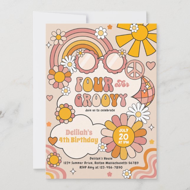 Four Ever Groovy 70s Flower Power Rainbow Birthday Invitation (Front)