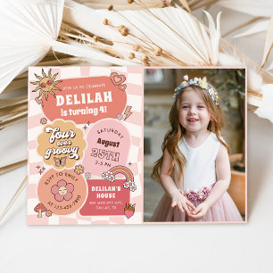 Four Ever Groovy Daisy 4th Birthday Party Photo Invitation