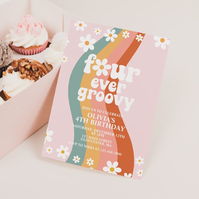 Four Ever Groovy daisy rainbow 4th birthday Invitation (Creator Uploaded)