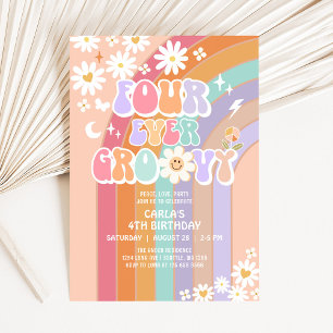 FOUR Ever Groovy Daisy Rainbow Groovy 4th Birthday Invitation