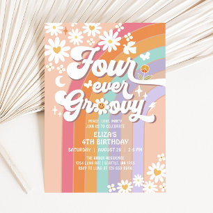Four Ever Groovy Daisy Rainbow Groovy 4th Birthday Invitation