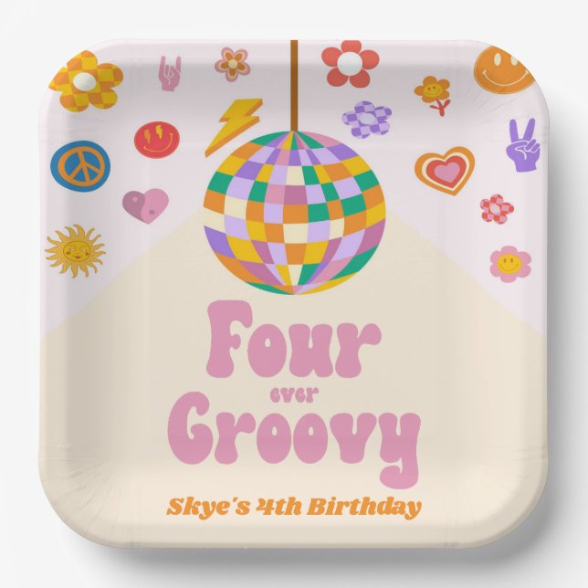 Four Ever Groovy Disco Ball 4th Birthday Party Paper Plate (Front)