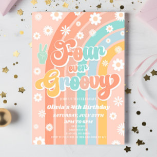 Four Ever Groovy Rainbow Daisy 4th Birthday Party Invitation