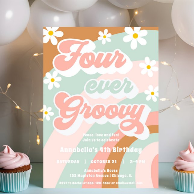 FOUR ever groovy Retro 4th birthday girl Invitation (Creator Uploaded)