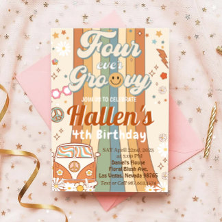 Four Ever Groovy Retro Boho Rainbow 4th Birthday Invitation