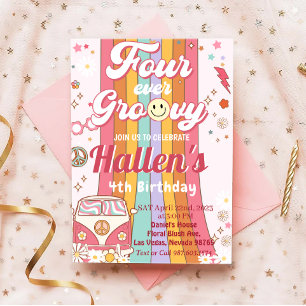 Four Ever Groovy Retro Boho Rainbow 4th Birthday Invitation
