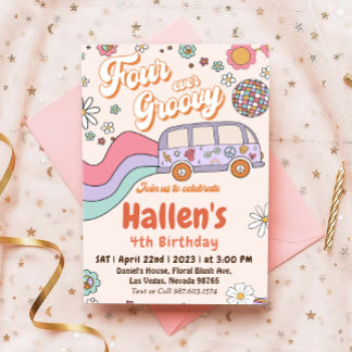 Four Ever Groovy Retro Boho Rainbow 4th Birthday Invitation