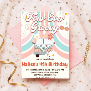 Four Ever Groovy Retro Boho Rainbow 4th Birthday Invitation