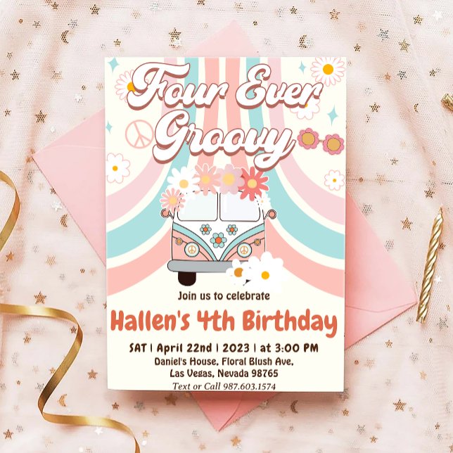 Four Ever Groovy Retro Boho Rainbow 4th Birthday Invitation (Creator Uploaded)