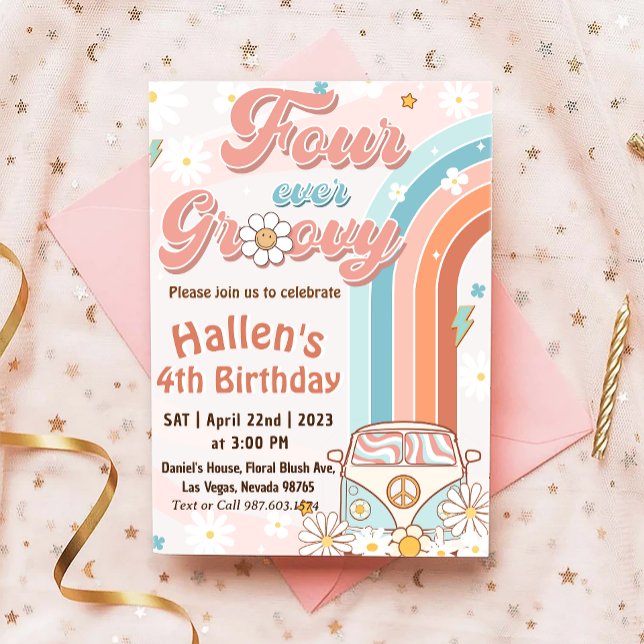 Four Ever Groovy Retro Boho Rainbow 4th Birthday Invitation (Creator Uploaded)