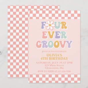 Four Ever Groovy Retro Daisy Chequered 4th Birthda Invitation