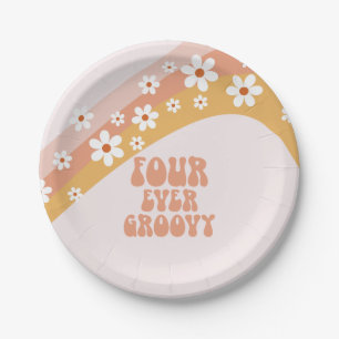 Four Ever Groovy Retro Daisy Rainbow 4th Birthday Paper Plate