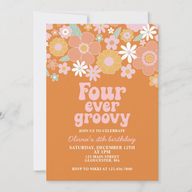 Four Ever Groovy Retro Floral 4th birthday Invitation (Front)