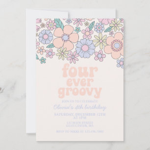 Four Ever Groovy Retro Floral 4th birthday Invitation
