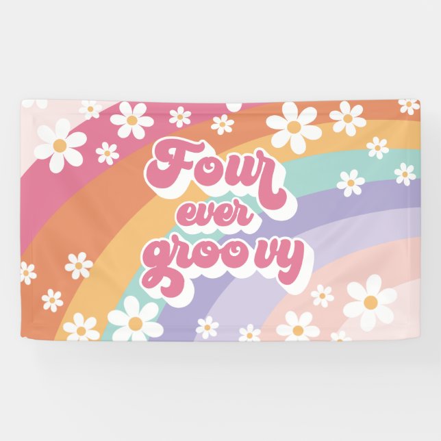Four Ever Groovy Retro Rainbow 4th Birthday Banner (Horizontal)