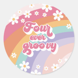 Four Ever Groovy Retro Rainbow 4th Birthday Classic Round Sticker