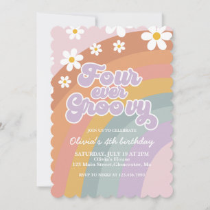 Four Ever Groovy Retro Rainbow 4th Birthday Invitation