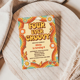 Four Ever Groovy Retro Rainbow 4th Birthday Invitation