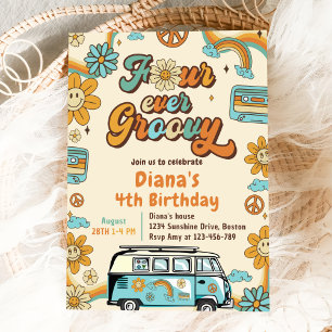 Four Ever Groovy Retro Rainbow 4th Birthday Invitation