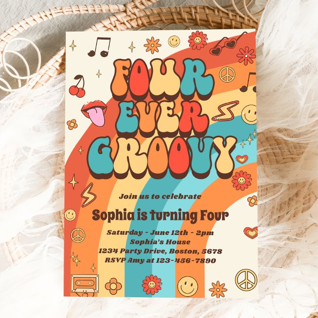 Four Ever Groovy Retro Rainbow 4th Birthday Invitation (Creator Uploaded)