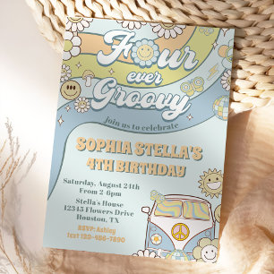 Four Ever Groovy Retro Rainbow 4th Birthday Invitation