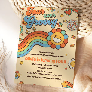 Four Ever Groovy Retro Rainbow 4th Birthday Invitation