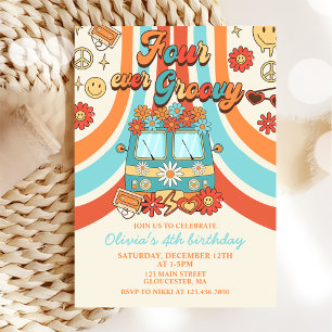 Four Ever Groovy Retro Rainbow 4th Birthday Invitation