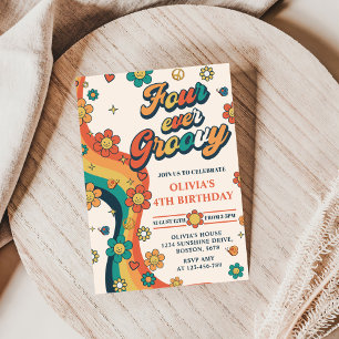 Four Ever Groovy Retro Rainbow 4th Birthday Invitation