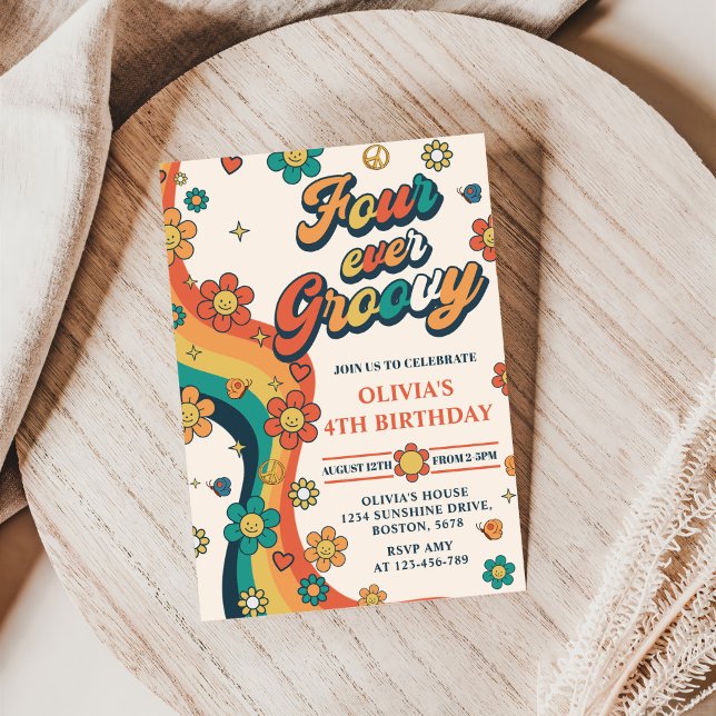 Four Ever Groovy Retro Rainbow 4th Birthday Invitation (Creator Uploaded)