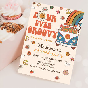 Four Ever Groovy Retro Rainbow 4th Birthday Invitation