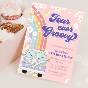 Four Ever Groovy Retro Rainbow 4th Birthday Invitation
