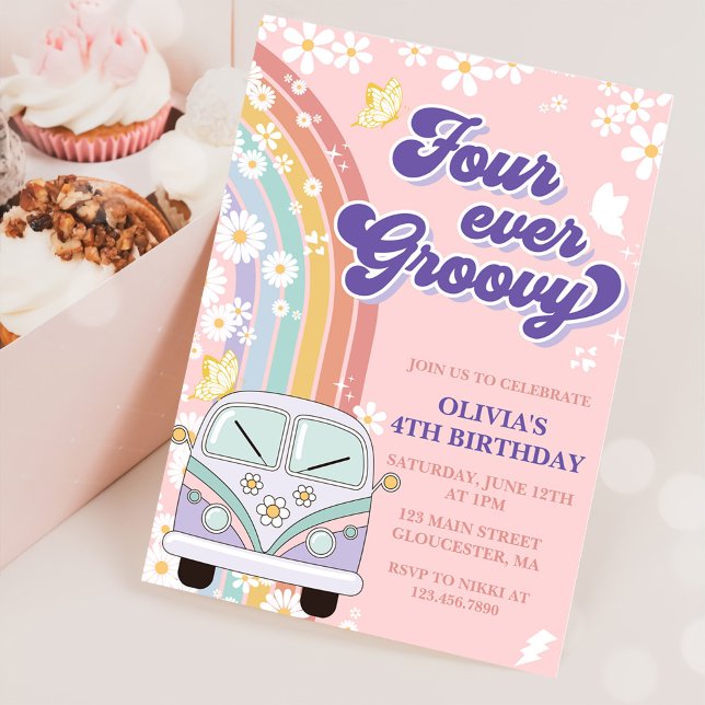 Four Ever Groovy Retro Rainbow 4th Birthday Invitation (Creator Uploaded)