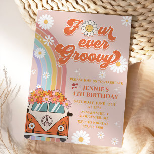 Four Ever Groovy Retro Rainbow 4th Birthday Invitation