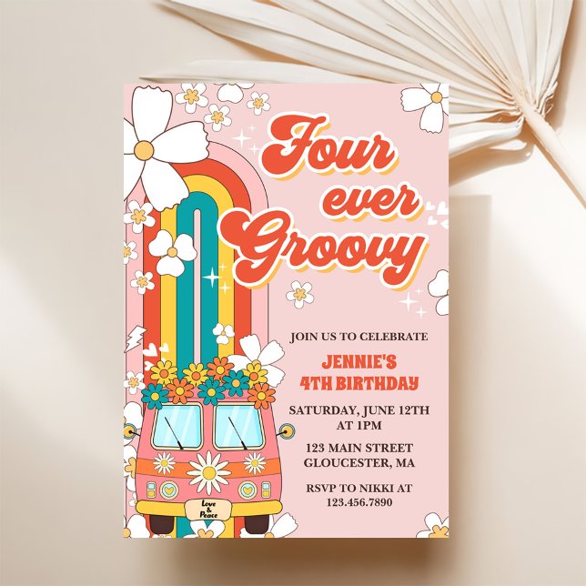 Four Ever Groovy Retro Rainbow 4th Birthday Invitation (Creator Uploaded)