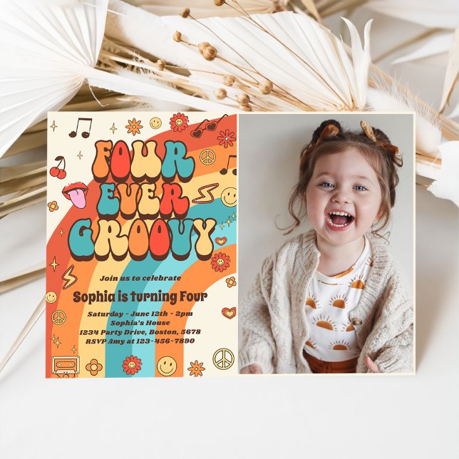 Four Ever Groovy Retro Rainbow 4th Birthday Photo Invitation (Creator Uploaded)