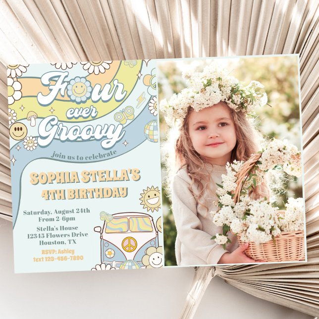 Four Ever Groovy Retro Rainbow 4th Birthday Photo Invitation (Creator Uploaded)