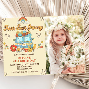 Four Ever Groovy Retro Rainbow 4th Birthday Photo Invitation