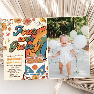 Four Ever Groovy Retro Rainbow 4th Birthday Photo Invitation