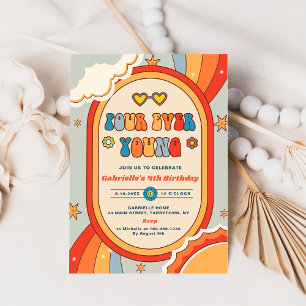 Four Ever Groovy Retro Rainbow  Birthday  Invitation